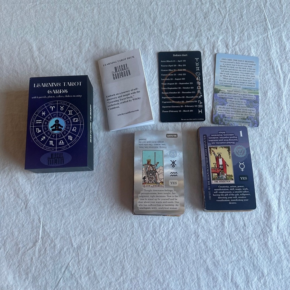 Witchy Cauldron Learning Tarot Cards Beginner Deck with Keywords Zodiac Chakras